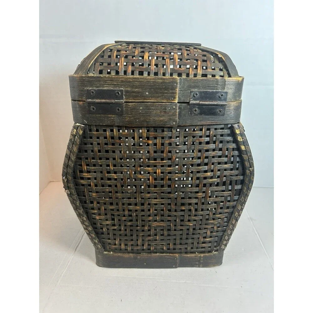 Vintage Woven Wood Basket Box Latch Lid Rustic Decor Storage 11” Tall